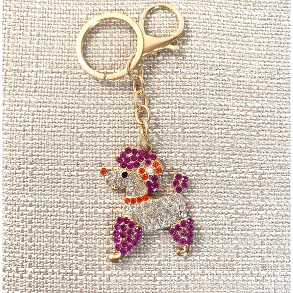 Poodle Rhinestone Charm Keychain Key Holder Purple Multi Gold Tone Metal New - Picture 3 of 10